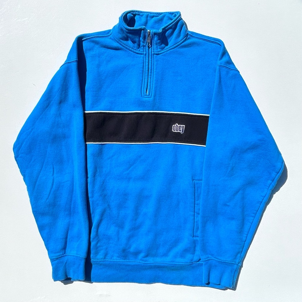 Obey Quarter Zip Striped Sweatshirt Size Men’s Small Embroidered Logo Blue Black
